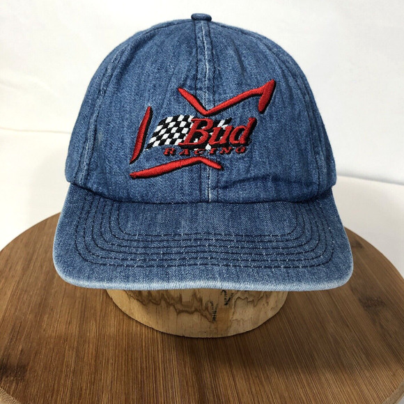 Bud Racing Beer Cap Hat Adjustable Strapback Denim VTG King Of Beers USA Made - Picture 1 of 12